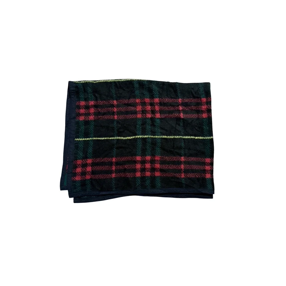 Vintage Reversible Plaid Throw Blanket Green Black Red Quilt Tartan Print Fleece